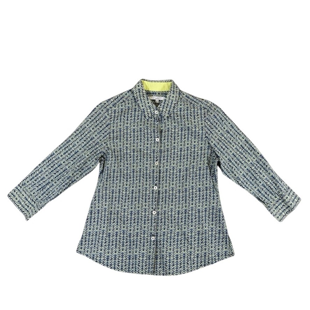 Foxcroft Wrinkle Free Button Down Shirt 4P Blue Lime Green Chevron 3/4 Sleeve